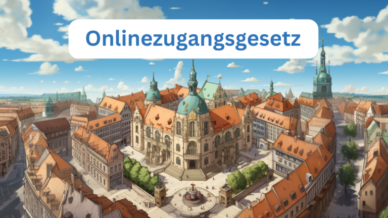 Bild von einem Rathaus mit Schriftzug Onlinezugangsgesetz