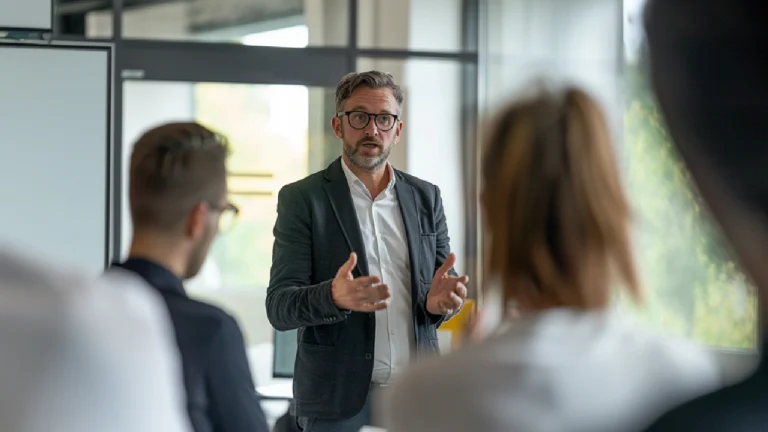 Ein helles Büro, in dem ein Verwaltungsleiter einen Vortrag hält