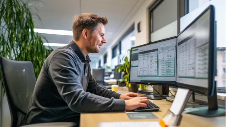 Ein Mitarbeiter der öffentlichen Verwaltung sitzt in einem Büro und verwendet eine Software auf seinem Computer, um Beschwerden zu bearbeiten