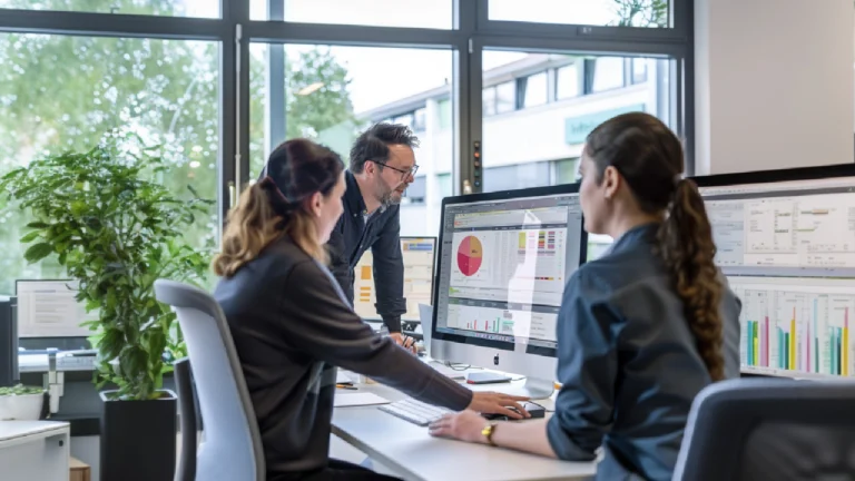 Drei Verwaltungsangestellte unterhalten sich in einem Büro vor Bildschirmen und besprechen ein Umfrageergebnis