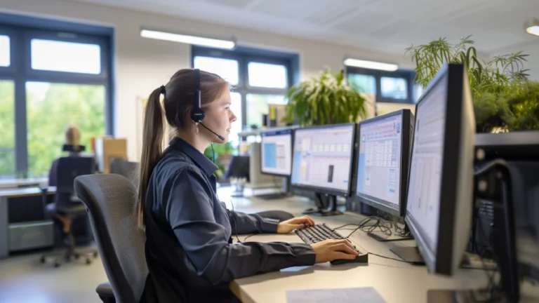 Eine Frau mit einem Headset sitzt an einem Arbeitsplatz vor mehreren Bildschirmen in einem hell erleuchteten Büro