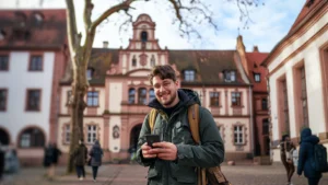 Ein lächelnder junger Mann mit Brille und Rucksack benutzt sein Smartphone vor einem deutschen Rathaus
