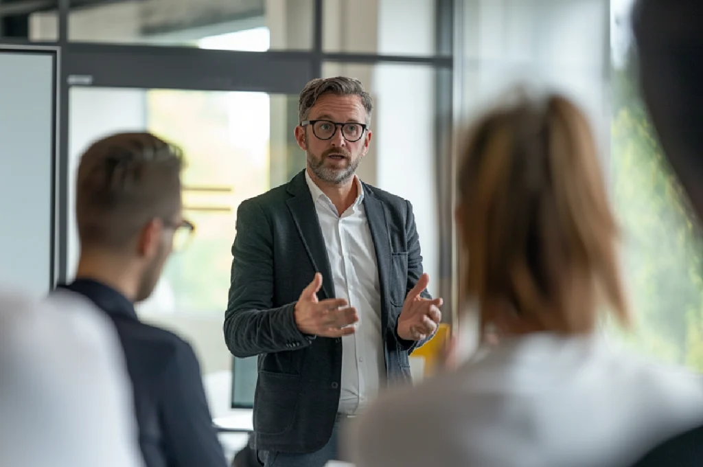 Ein helles Büro, in dem ein Verwaltungsleiter einen Vortrag hält