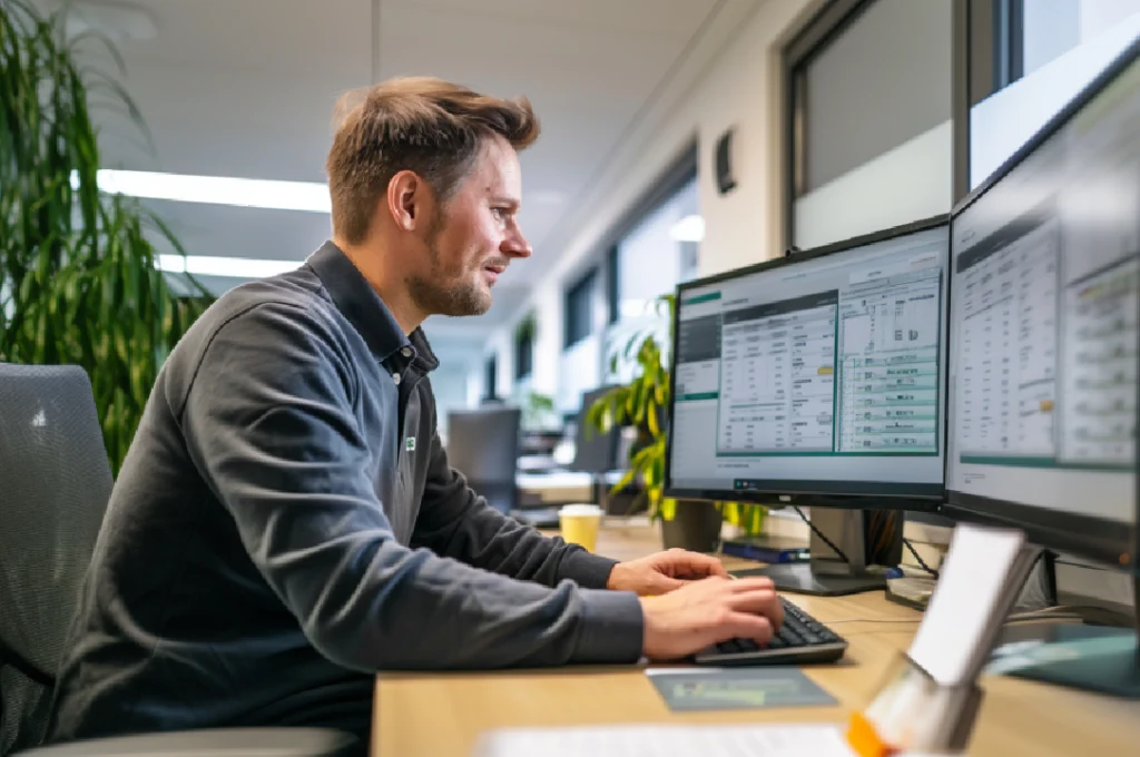 Ein Mitarbeiter der öffentlichen Verwaltung sitzt in einem Büro und verwendet eine Software auf seinem Computer, um Beschwerden zu bearbeiten