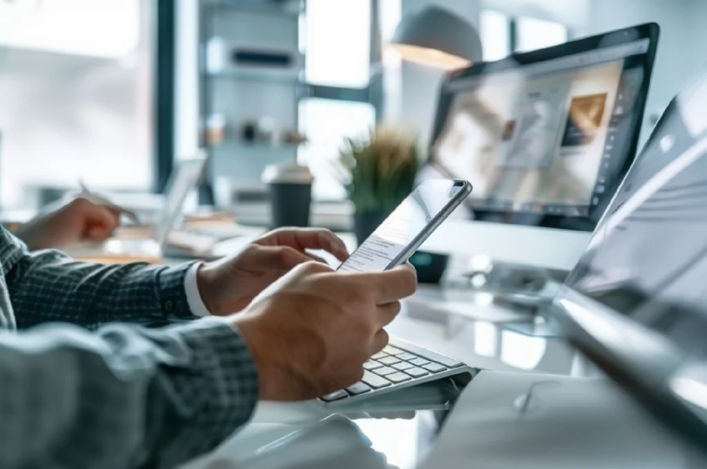 Eine Person, die in einem modernen Büro sitzt und konzentriert auf ihr Smartphone schaut