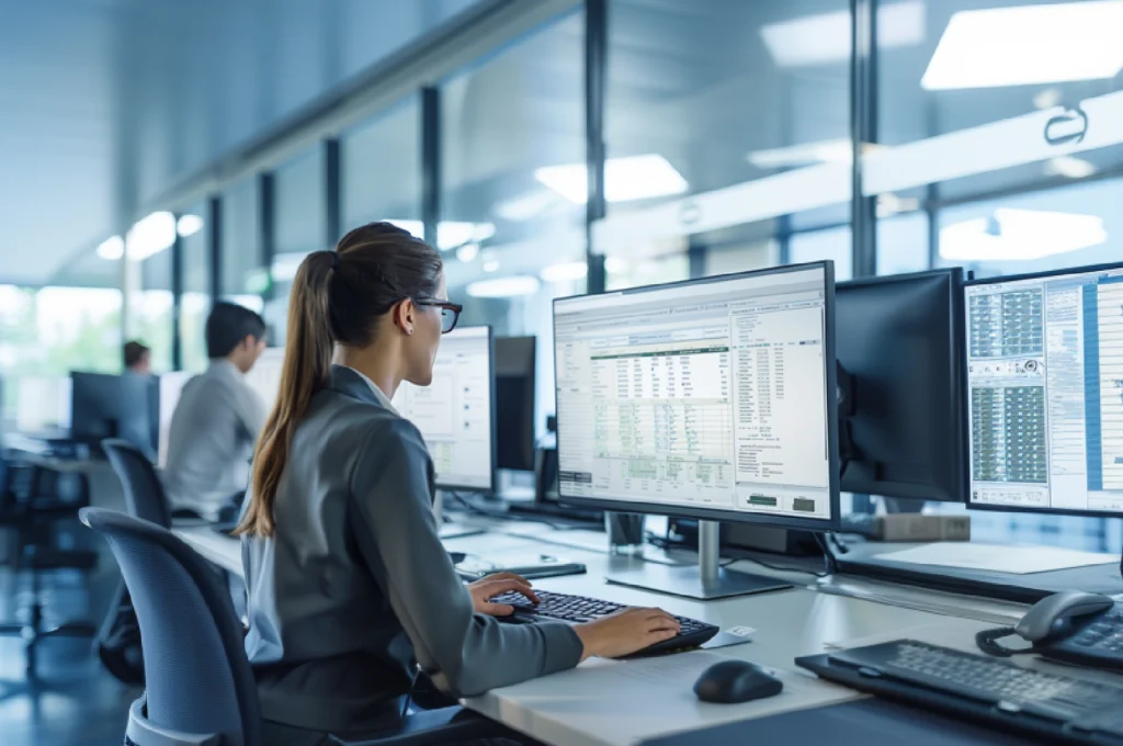 Eine Frau arbeitet in einem Büro an einem Schreibtisch mit mehreren Monitoren, die Daten anzeigen.