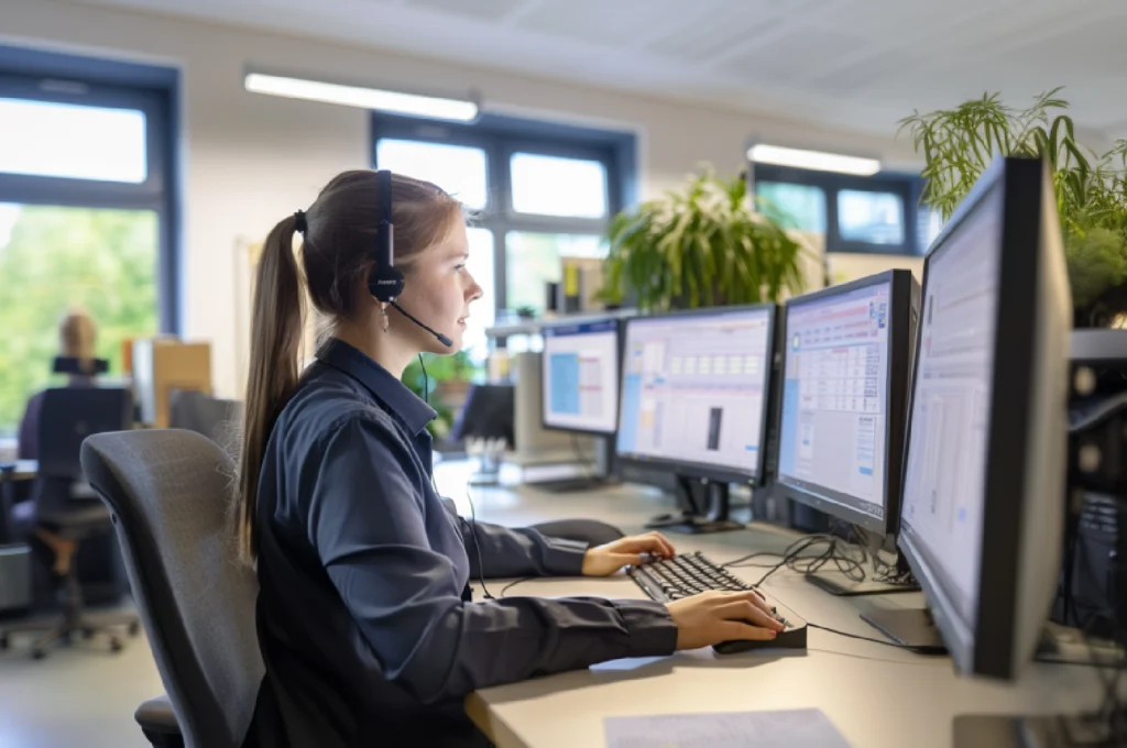 Eine Frau mit einem Headset sitzt an einem Arbeitsplatz vor mehreren Bildschirmen in einem hell erleuchteten Büro
