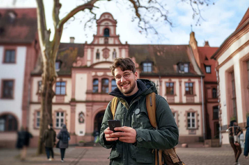 Ein lächelnder junger Mann mit Brille und Rucksack benutzt sein Smartphone vor einem deutschen Rathaus