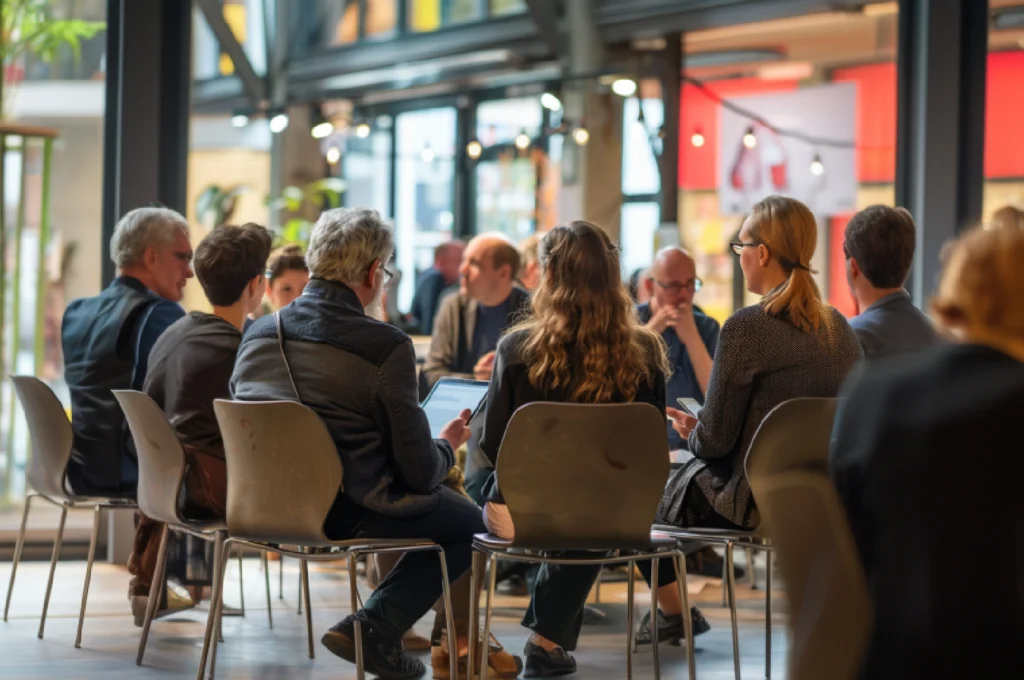 Eine Gruppe von Bürgerinnen und Bürgern sitzt im Kreis und diskutiert in einer hellen, modernen Lobby mit großen Fenstern und Blick auf die Stadt