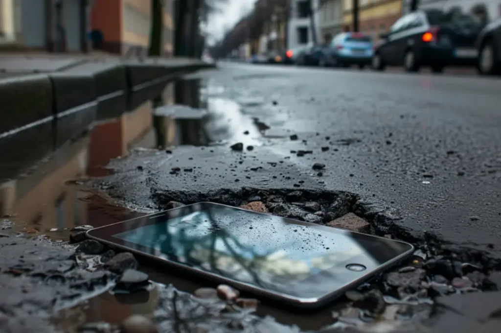 Tablet liegt im Schlagloch auf der Straße