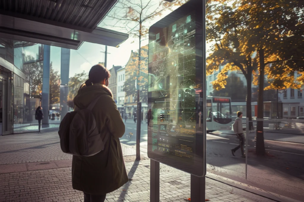 Eine Person in einer grünen Jacke steht an einer digitalen Informationsanzeige, die interaktive Stadtdaten und Karten zeigt, an einer Bushaltestelle in einer städtischen Umgebung